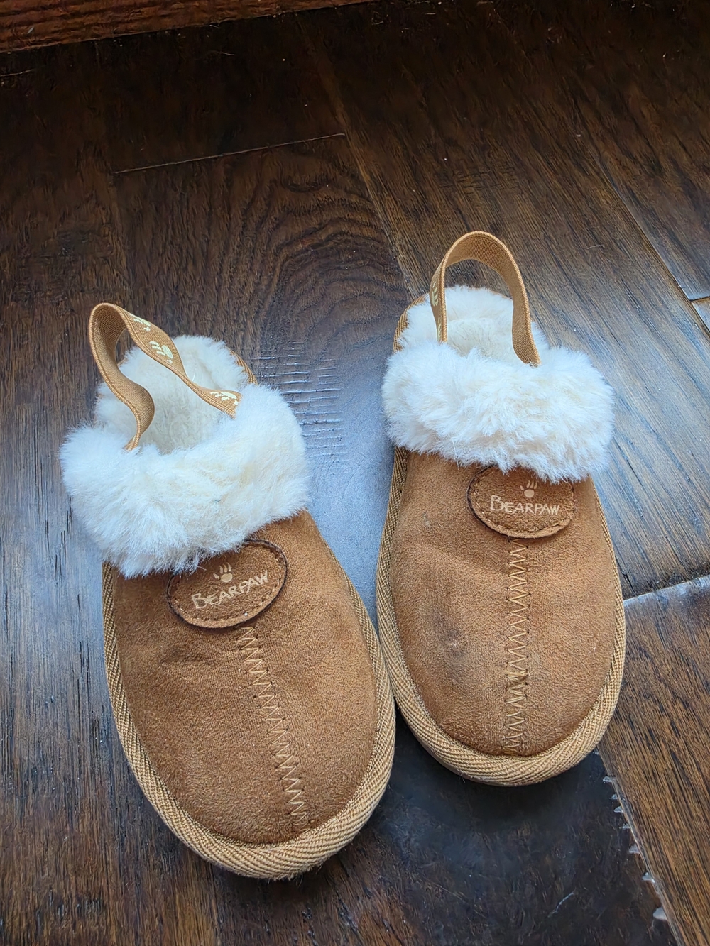 BearPaw Kids Tan Suede Slippers with Cream Shearling Cuff - SIZE 9